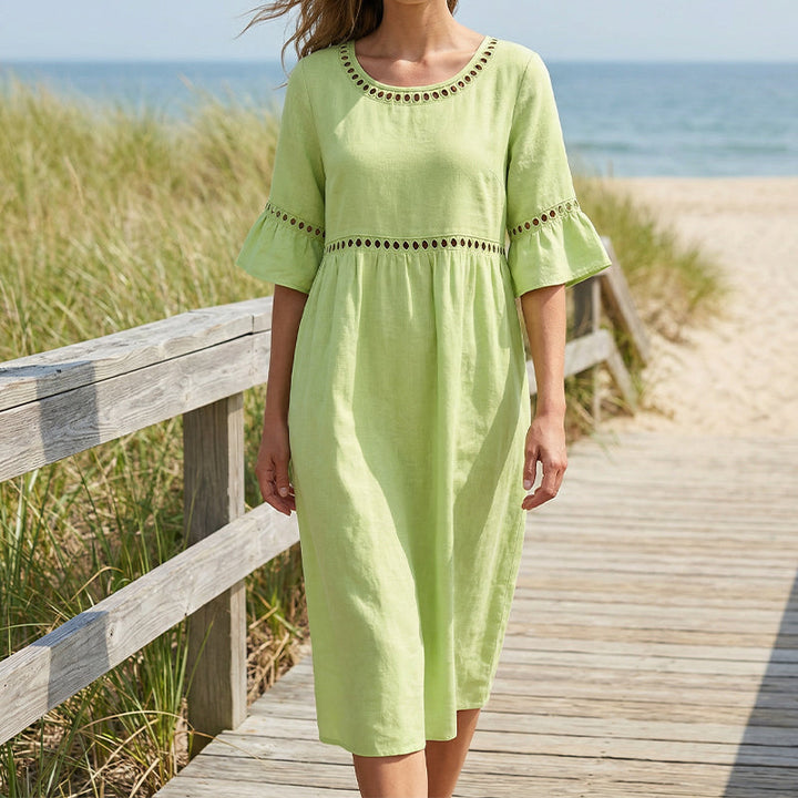 Lunira – Con Pizzo, in Cotone e Lino, Abito Midi