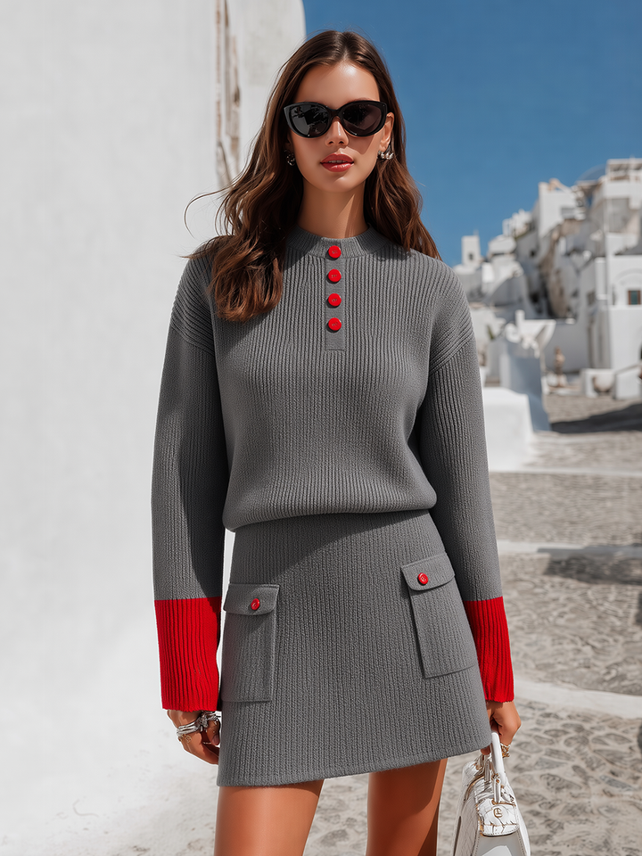 Novine – Bordo a Contrasto, A Coste, Completo in Maglia con Gonna