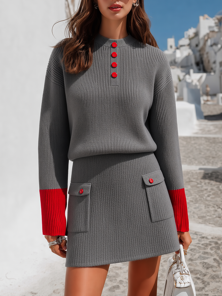 Novine – Bordo a Contrasto, A Coste, Completo in Maglia con Gonna