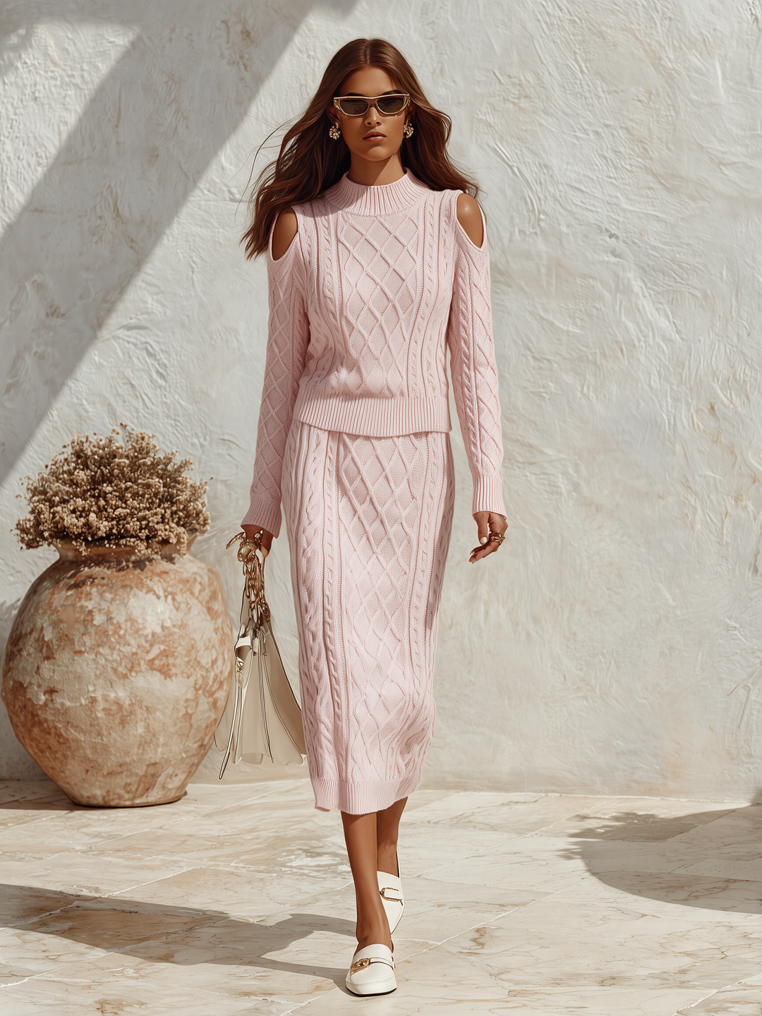 Mireva – Collo Alto in Maglia, Completo con Gonna e Maglione