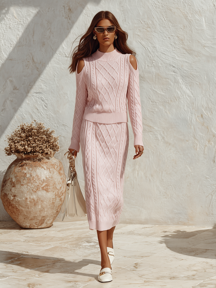 Mireva – Collo Alto in Maglia, Completo con Gonna e Maglione