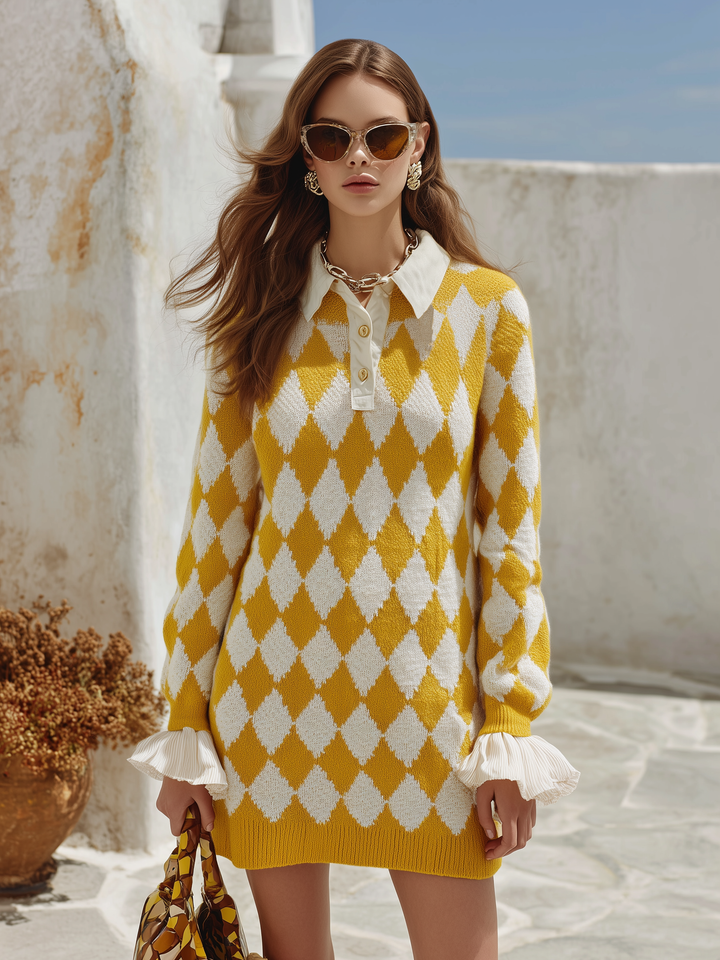 Nivora – Mini Effetto Due Pezzi a Motivo Argyle in Tricot Abito