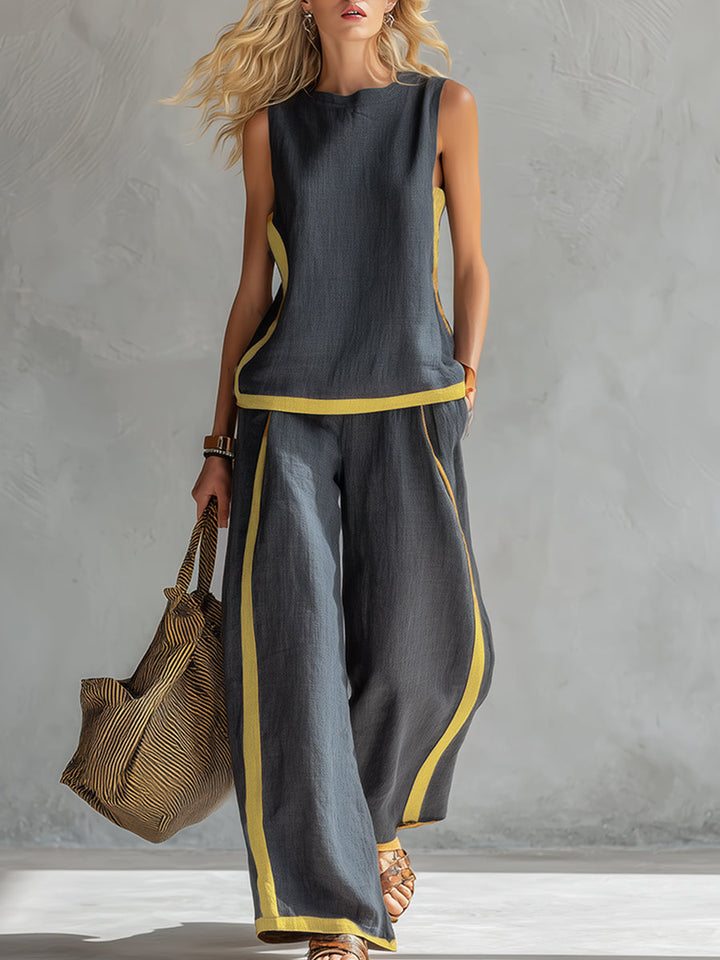 Arenia – Bordo a Contrasto in Lino-Cotone, Set di Pantaloni e Gilet