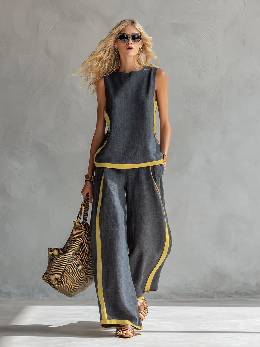 Arenia – Bordo a Contrasto in Lino-Cotone, Set di Pantaloni e Gilet