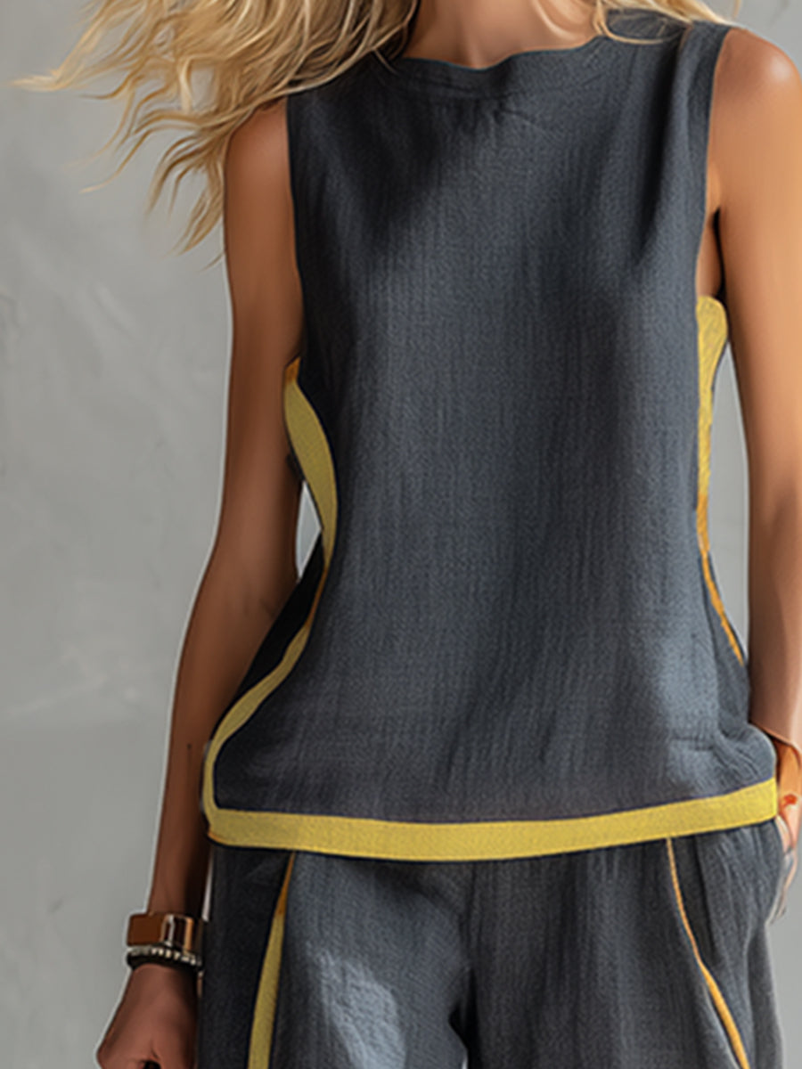 Arenia – Bordo a Contrasto in Lino-Cotone, Set di Pantaloni e Gilet