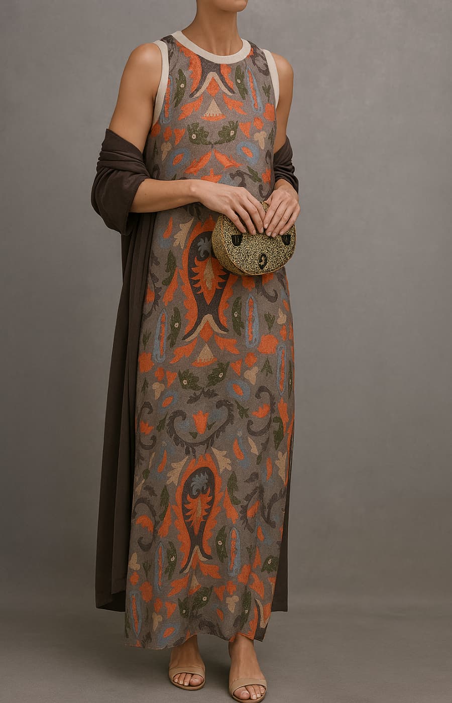 Virela – Set con Abito Maxi Stampato e Gilet