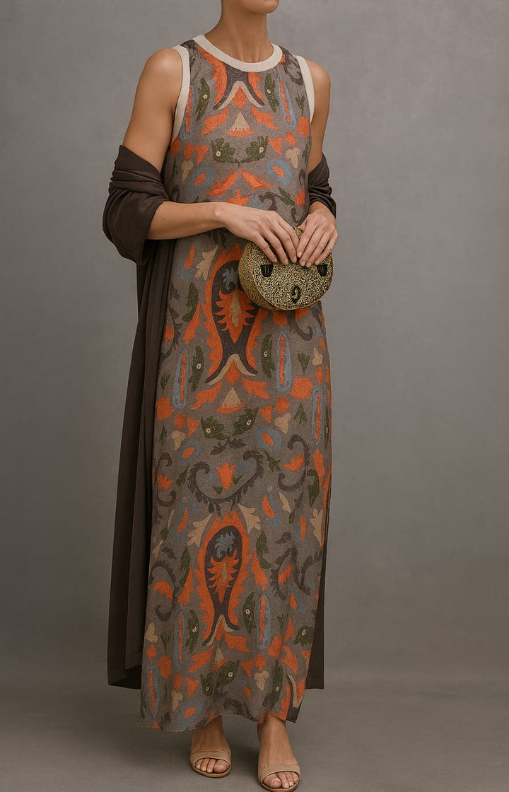 Virela – Set con Abito Maxi Stampato e Gilet
