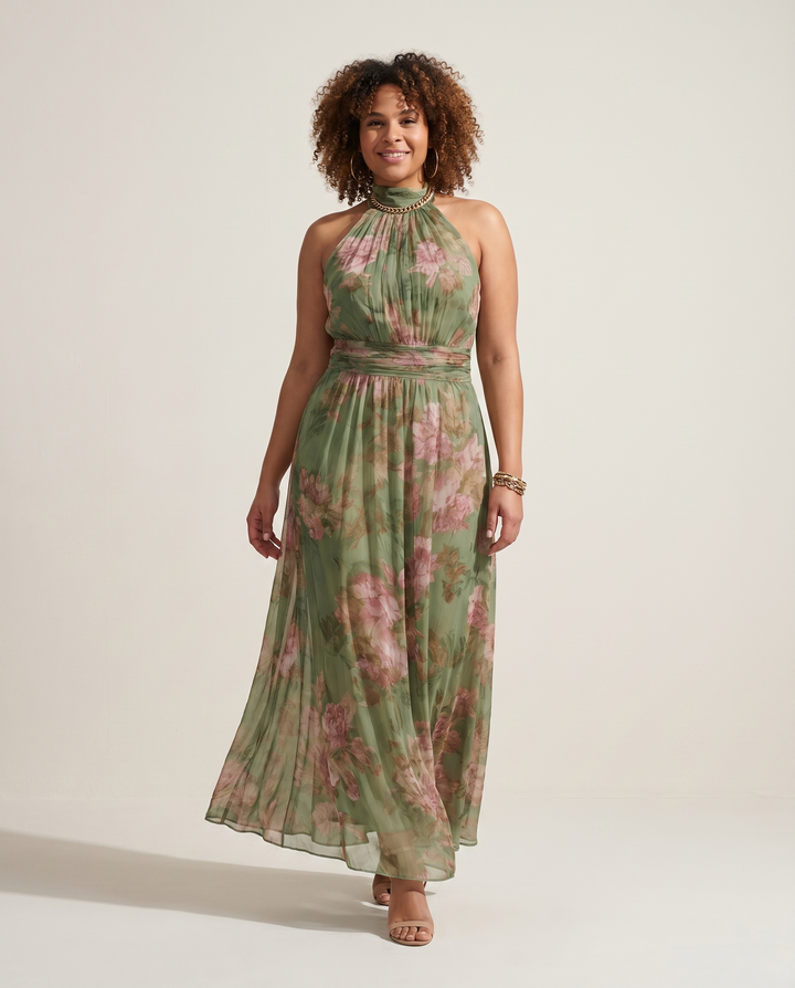 Scollo Halter, Stampa Floreale, Abito Maxi