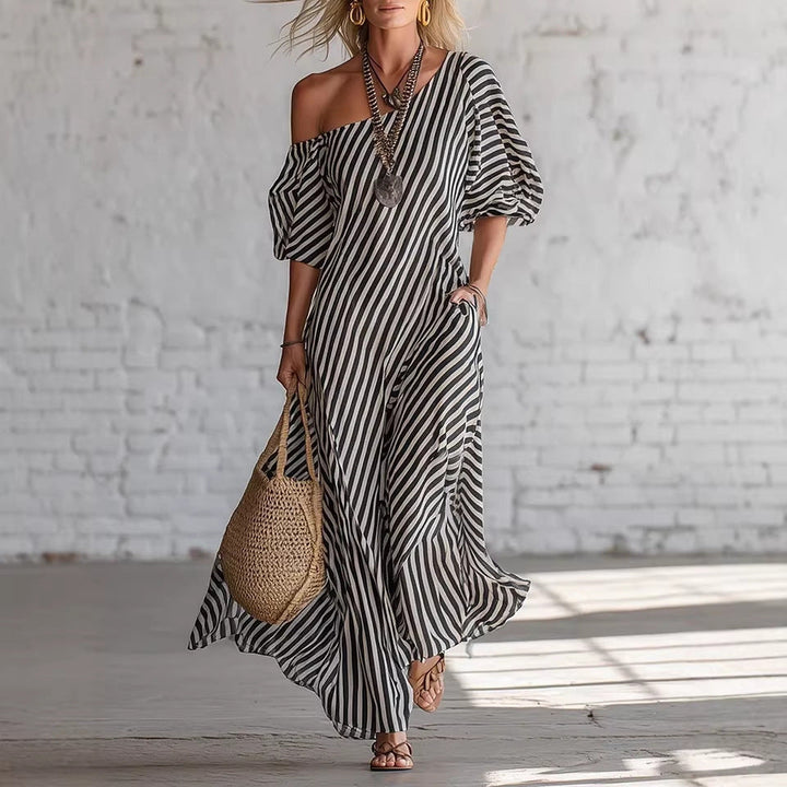 Avyra - Spalle Scoperte a Strisce, Abito Maxi