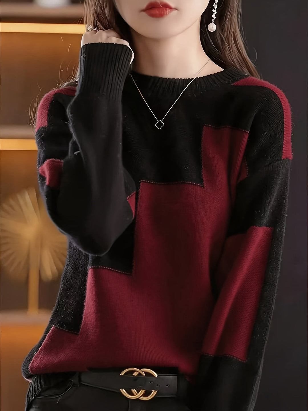 Novira – A Blocchi di Colore in Maglia, Maglione a Collo Alto