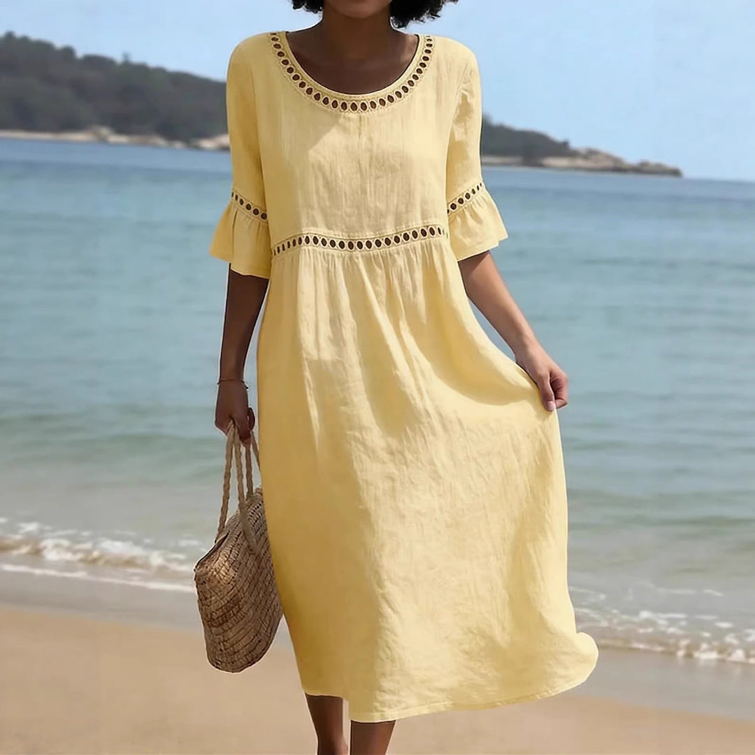 Lunira – Con Pizzo, in Cotone e Lino, Abito Midi