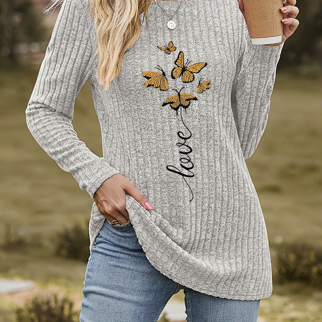 Calira – Con Stampa Farfalla, Maglia a Coste, T-Shirt