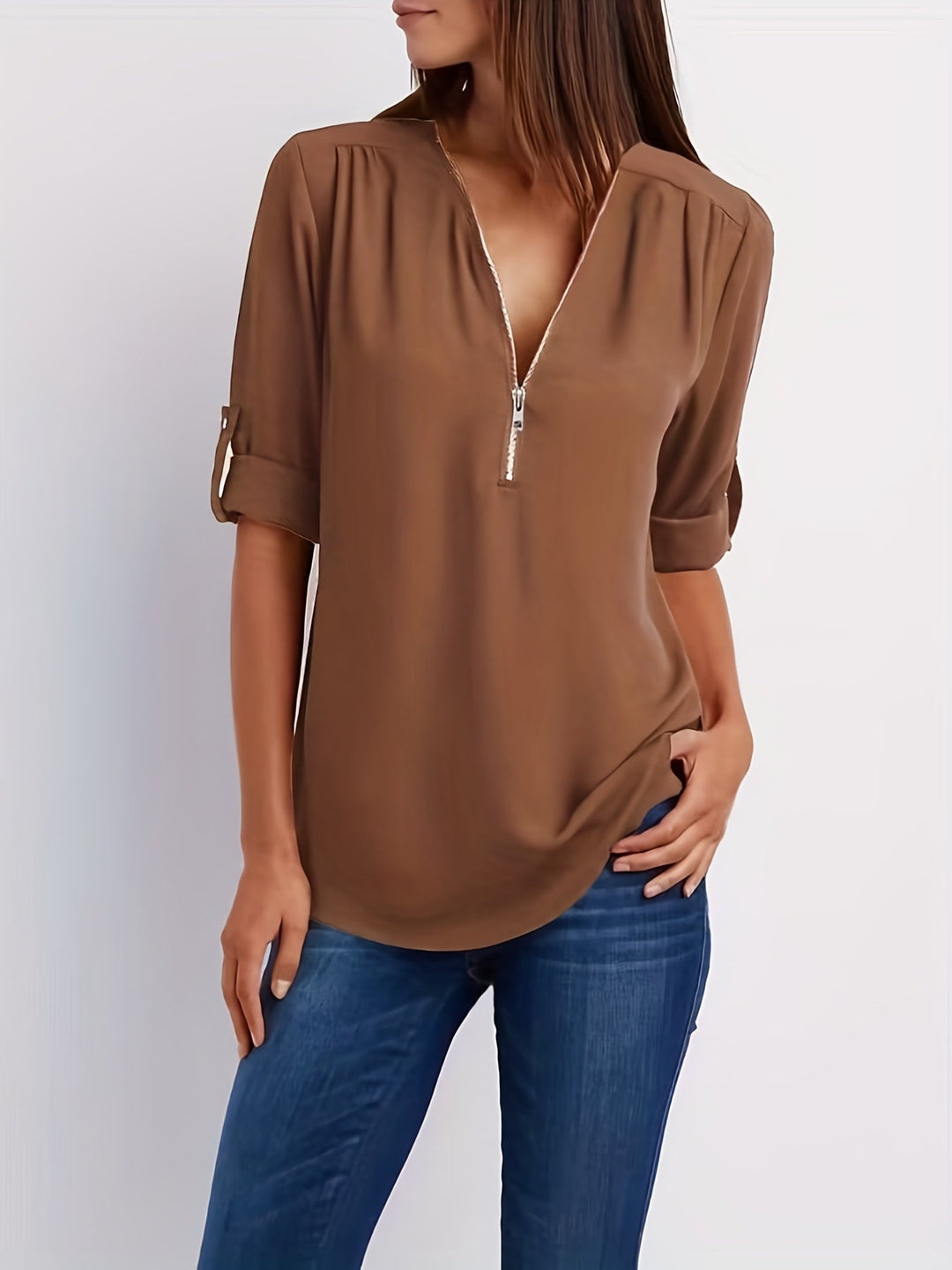 Nivara – Con Zip e Collo a V in Tessuto, Blusa