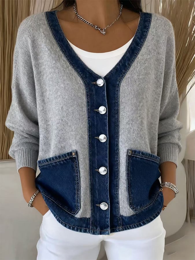 Ilyra – Patchwork di Denim in Maglia Cardigan