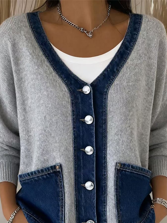 Ilyra – Patchwork di Denim in Maglia Cardigan
