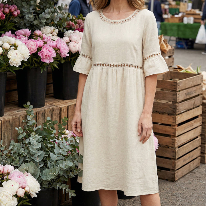 Lunira – Con Pizzo, in Cotone e Lino, Abito Midi