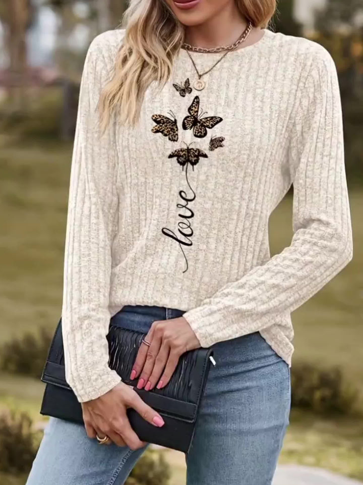 Calira – Con Stampa Farfalla, Maglia a Coste, T-Shirt