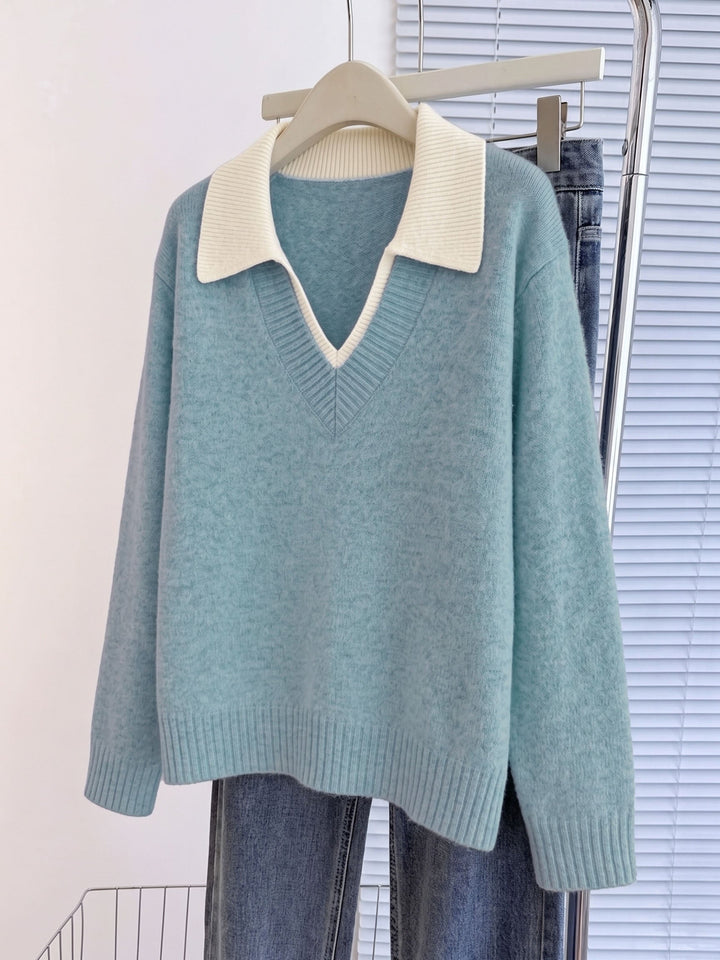 Cirelle – Colletto a Contrasto a Doppio Strato in Maglia, Maglione