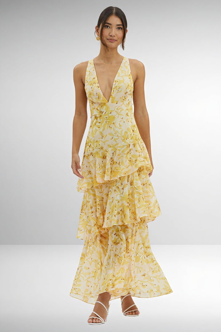 Luniva – Scollo a V con Stampa Floreale, Abito Maxi