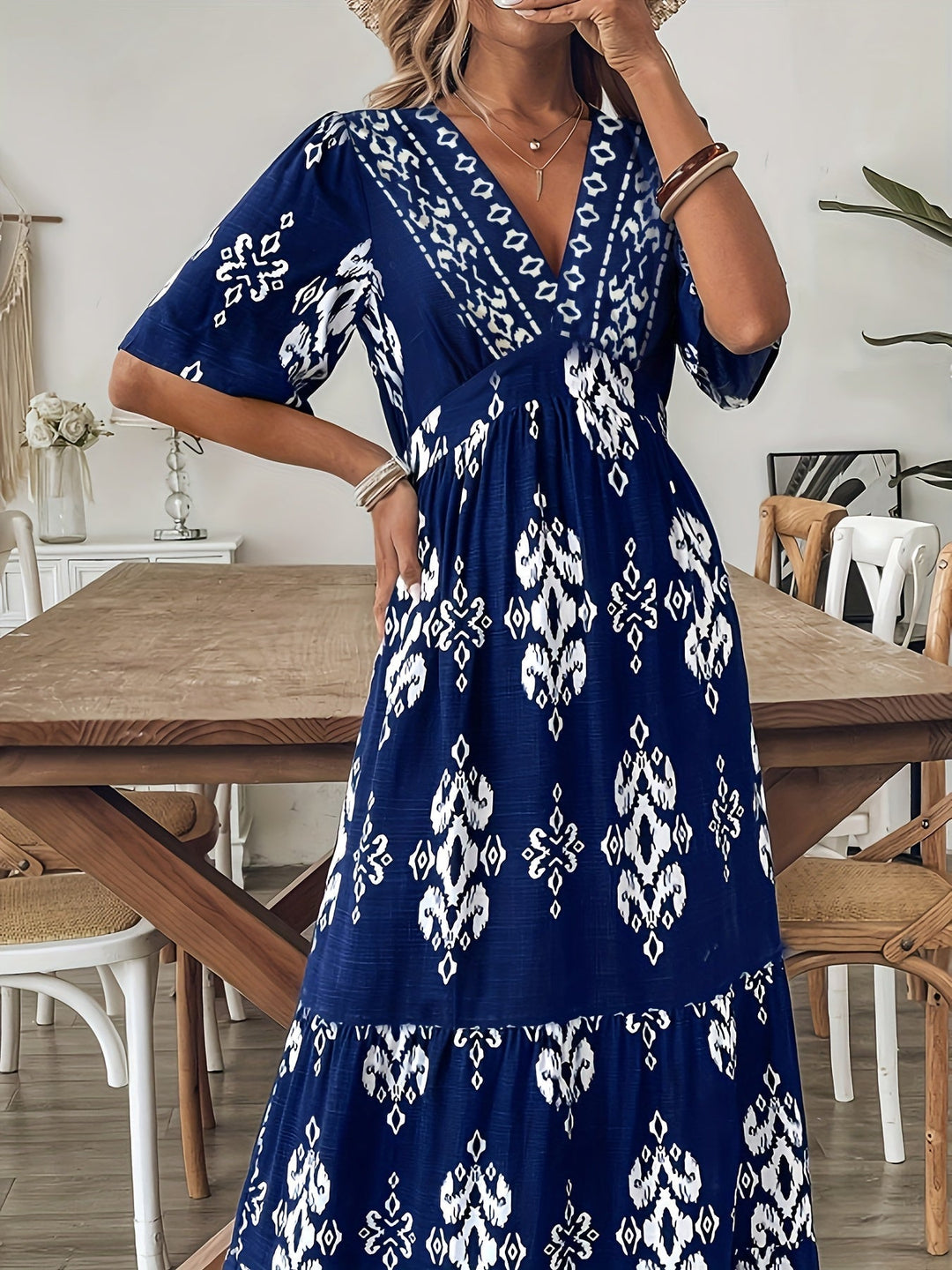 Nalira - Stampato con Scollatura a V, Abito Maxi