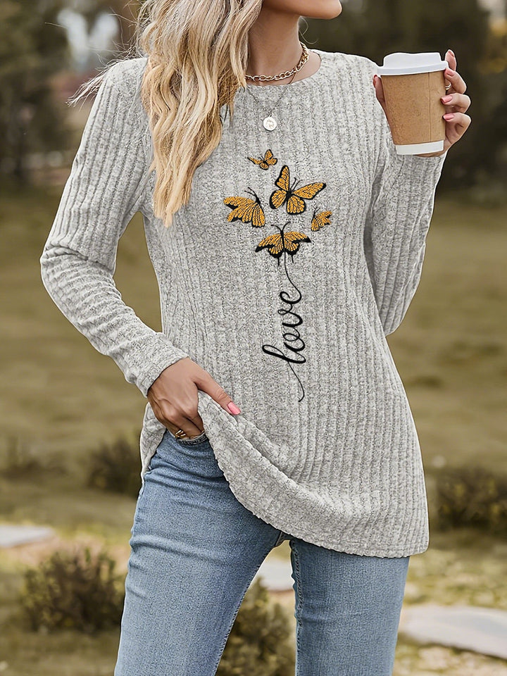 Calira – Con Stampa Farfalla, Maglia a Coste, T-Shirt