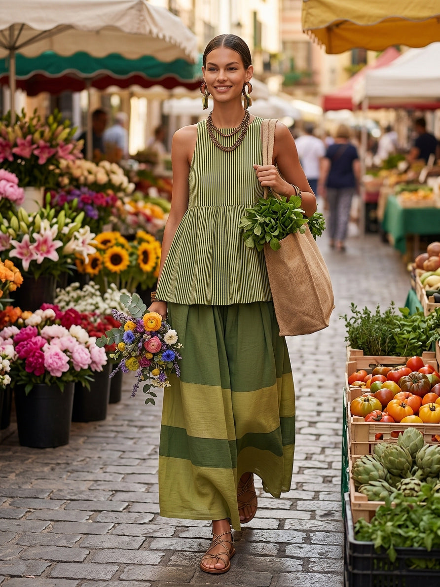 Navira – A Blocchi di Colore in Cotone-Lino Set di Pantaloni a Gamba Larga
