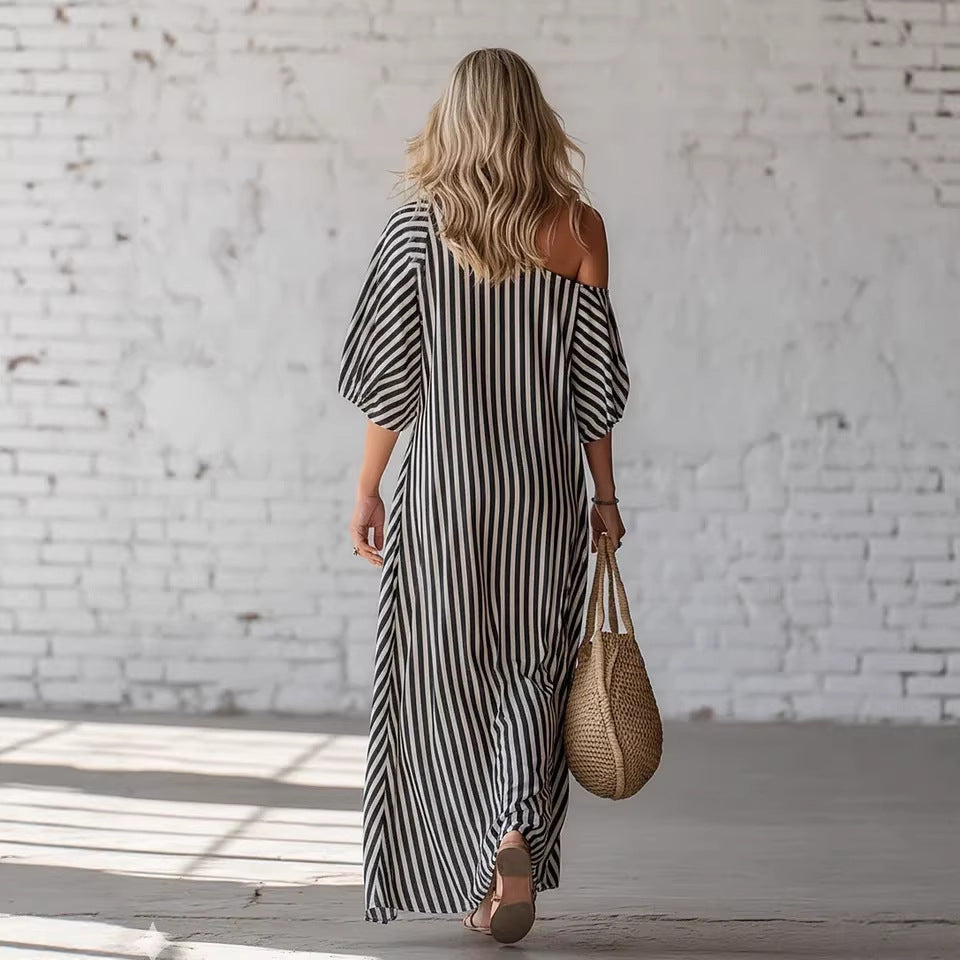 Avyra - Spalle Scoperte a Strisce, Abito Maxi