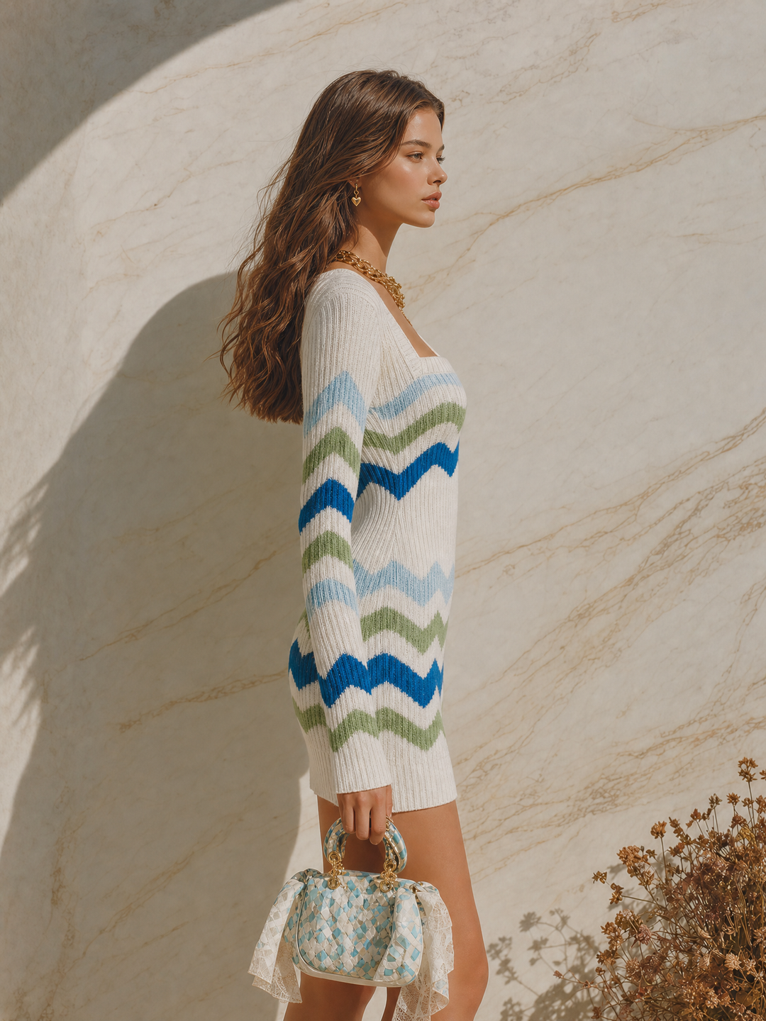 Kirela – Collo Quadrato in Maglia, Abito Mini