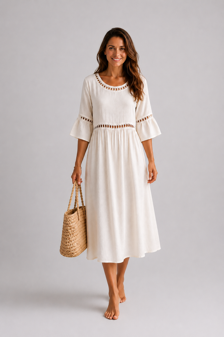 Lunira – Con Pizzo, in Cotone e Lino, Abito Midi