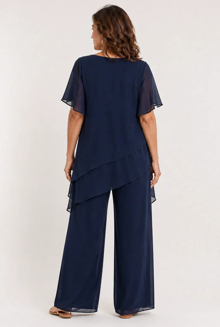 Sivela – Asimmetrico in Chiffon, Completo con Pantaloni Palazzo