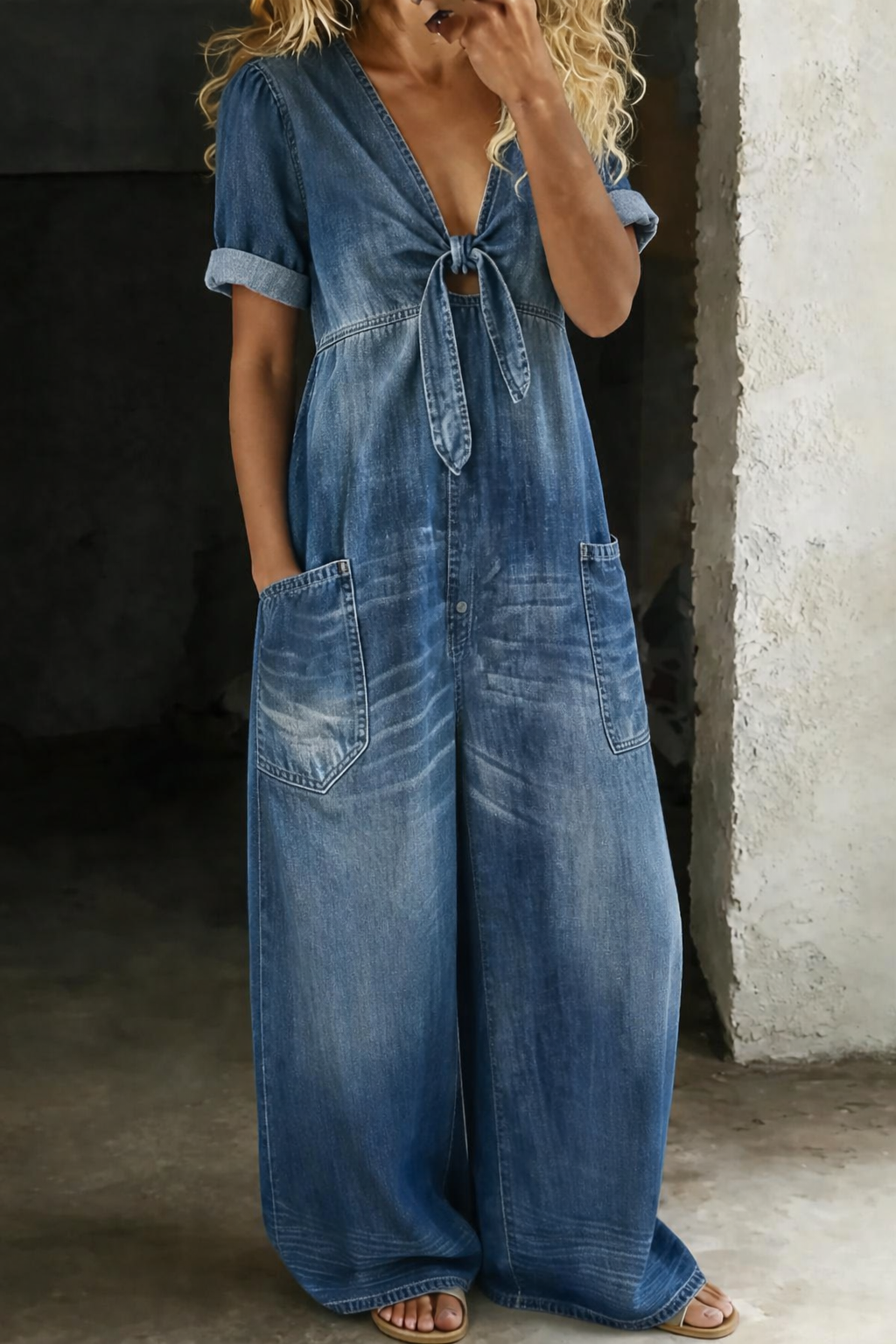 Vionne – Scollo a V con Laccio in Denim Tuta