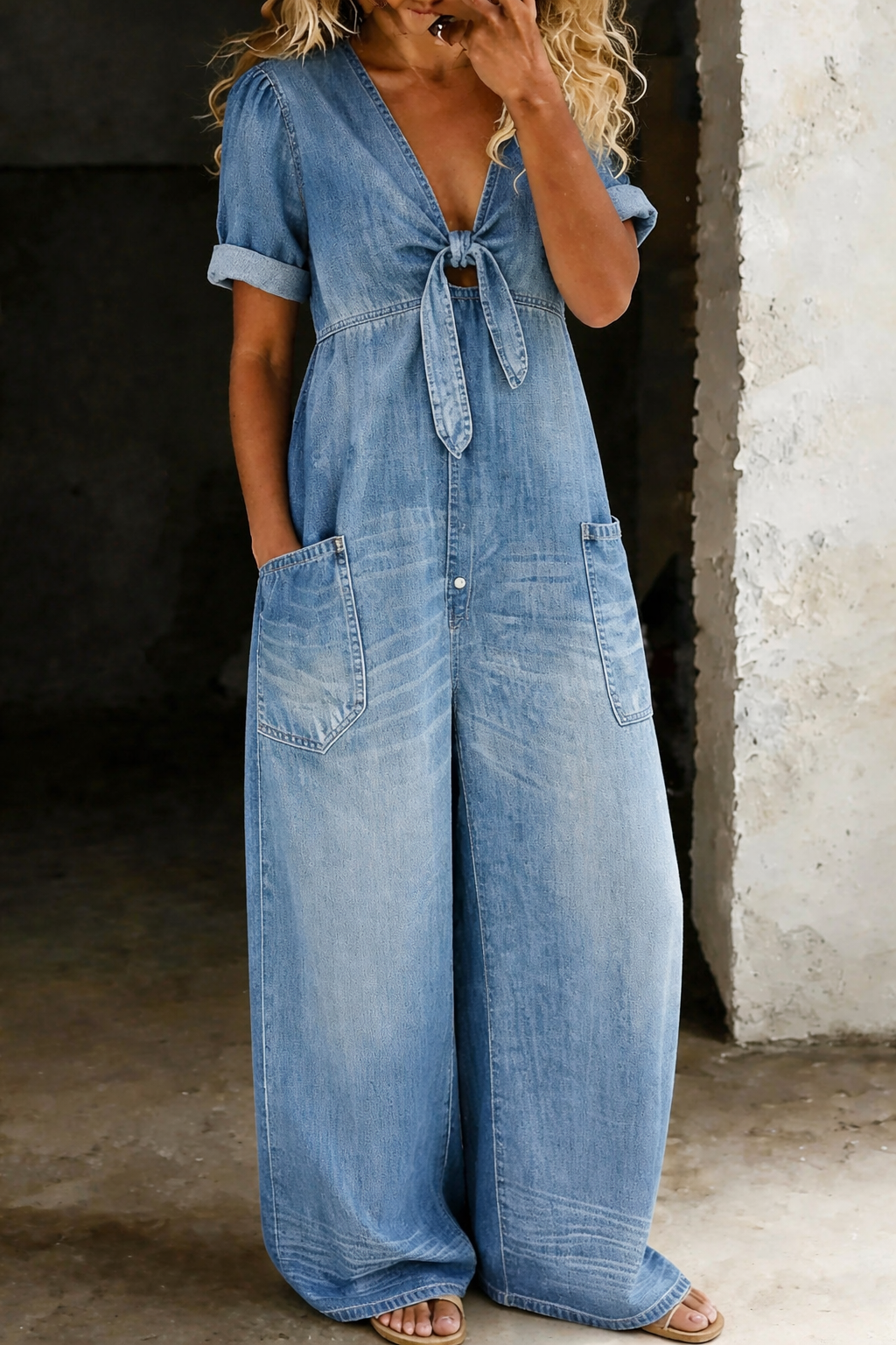 Vionne – Scollo a V con Laccio in Denim Tuta