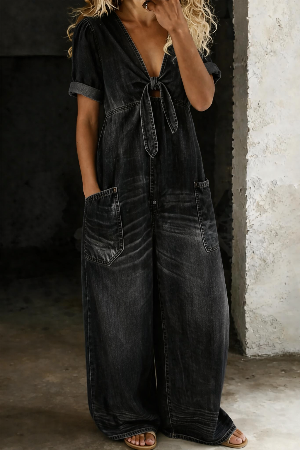 Vionne – Scollo a V con Laccio in Denim Tuta
