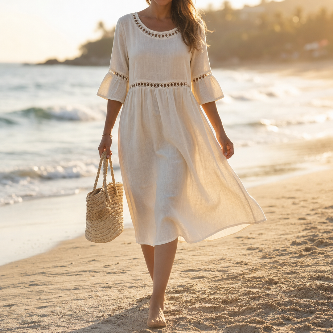 Lunira – Con Pizzo, in Cotone e Lino, Abito Midi