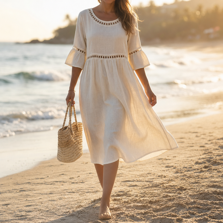 Lunira – Con Pizzo, in Cotone e Lino, Abito Midi