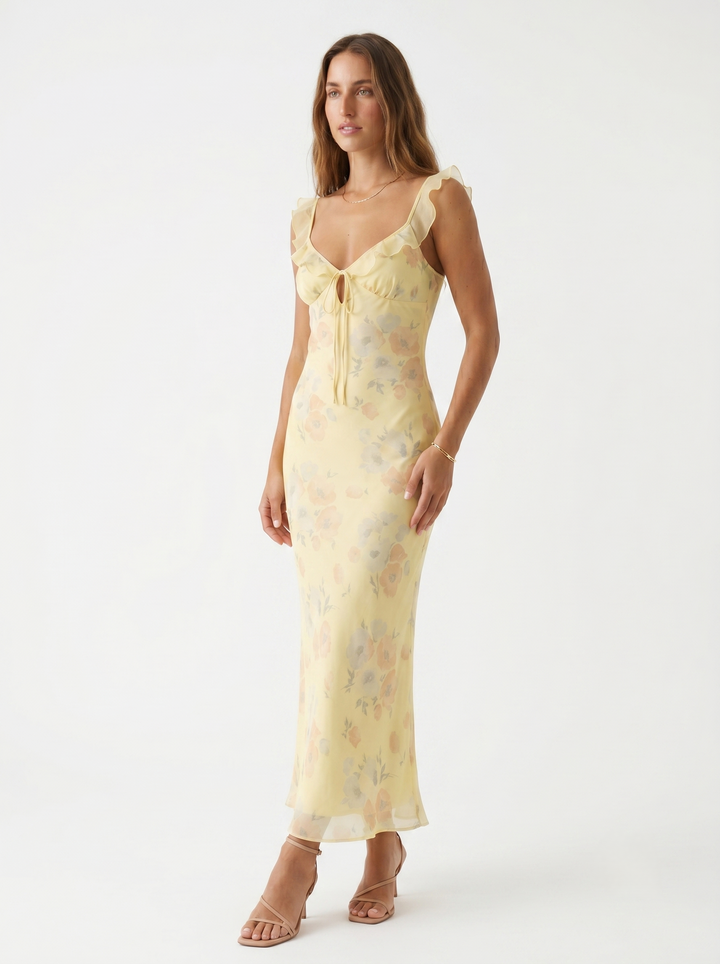 Relana – A Fiori con Scollo a V e Rouches, Abito