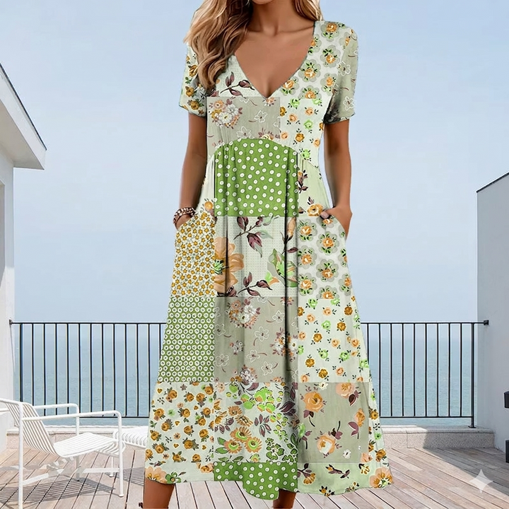 Calira – Scollo a V con Stampa Floreale, Abito da Donna