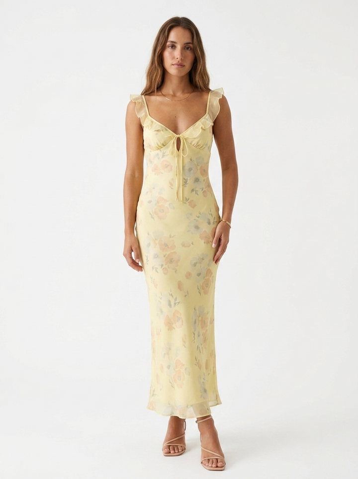 Relana – A Fiori con Scollo a V e Rouches, Abito