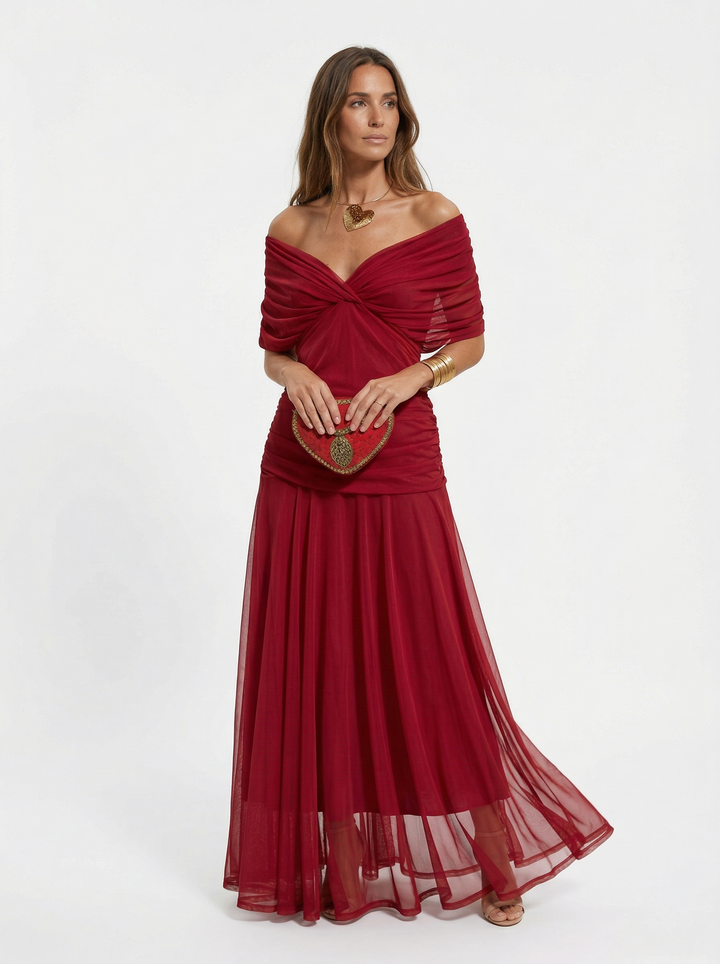 Neraya – Scollo a V Drappeggiato in Satin, Abito Lungo