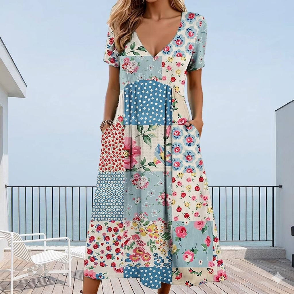 Calira – Scollo a V con Stampa Floreale, Abito da Donna
