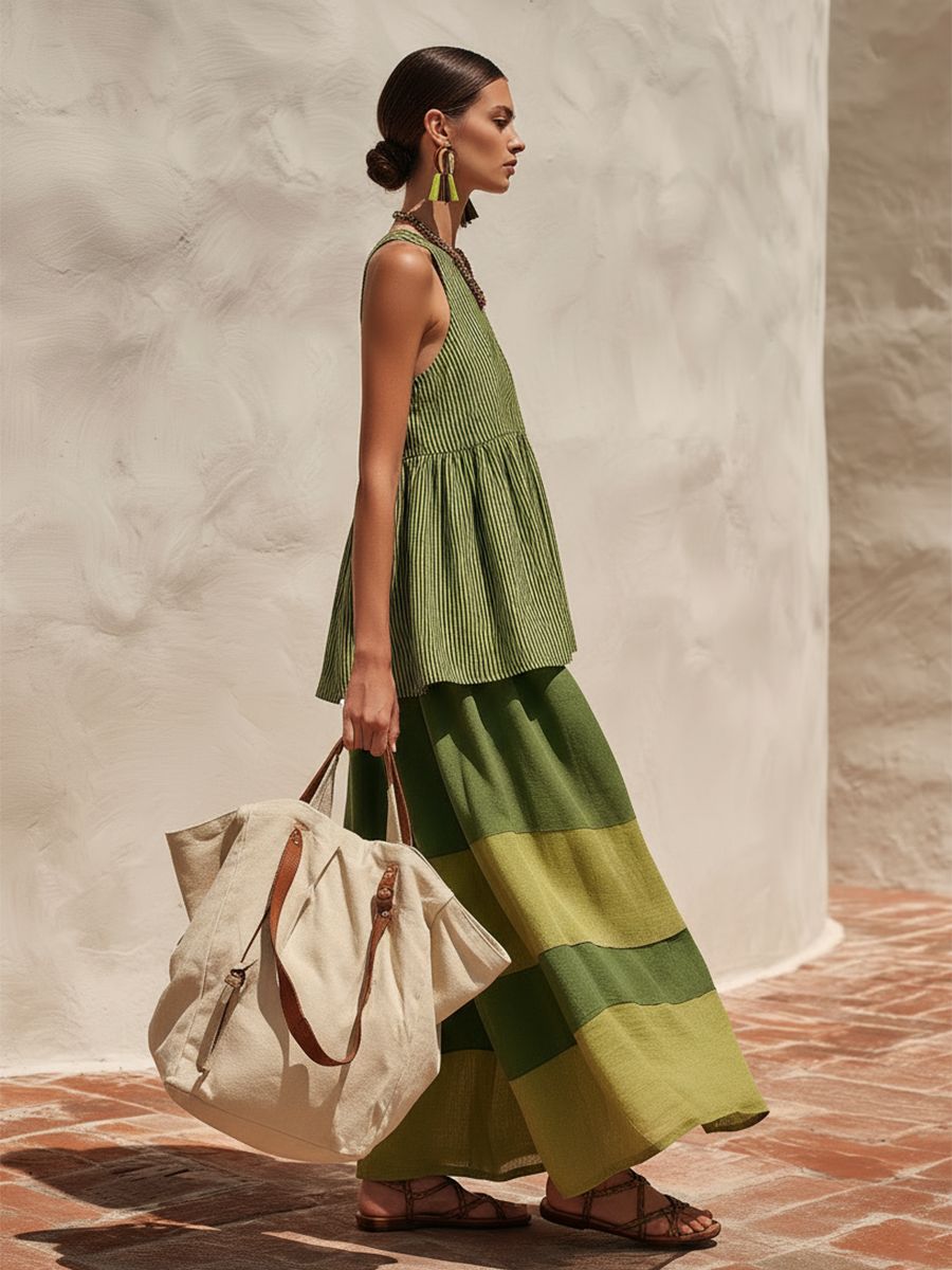 Navira – A Blocchi di Colore in Cotone-Lino Set di Pantaloni a Gamba Larga