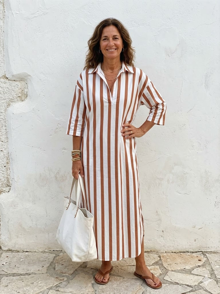 Velira – A Strisce Verticali in Stile Camicia, Abito Midi