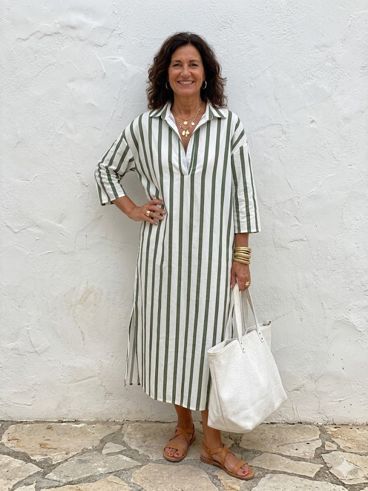 Velira – A Strisce Verticali in Stile Camicia, Abito Midi