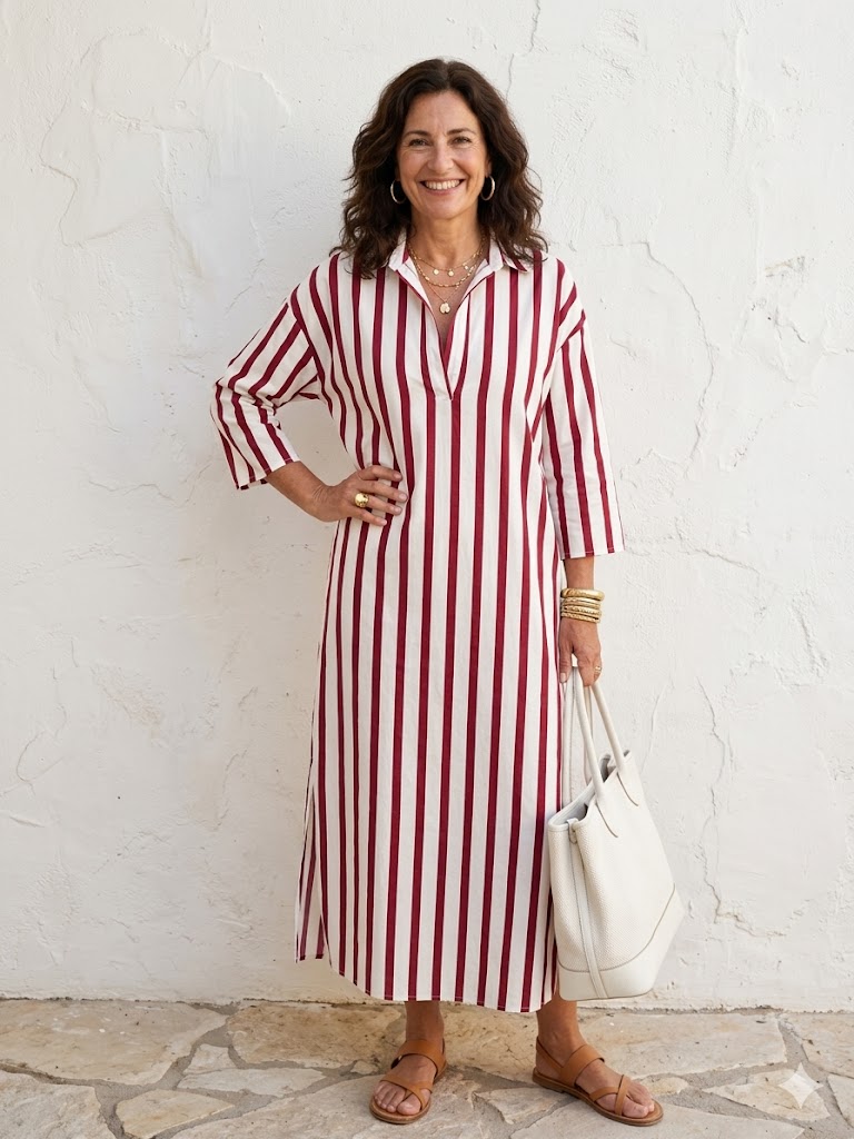Velira – A Strisce Verticali in Stile Camicia, Abito Midi