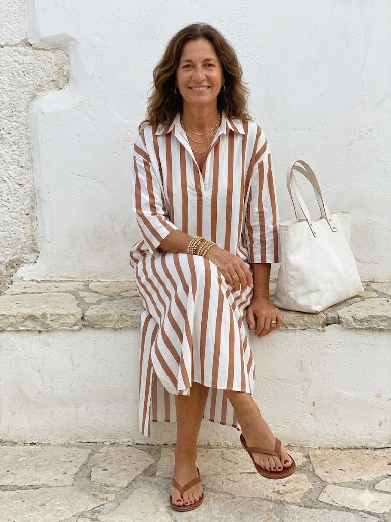 Velira – A Strisce Verticali in Stile Camicia, Abito Midi