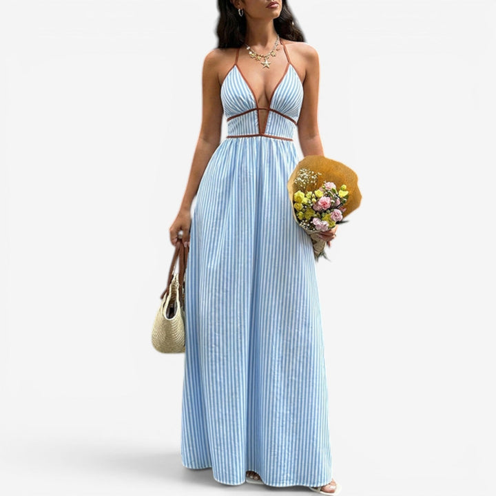 Arlise – A Strisce Verticali con Scollo a V, Abito Maxi