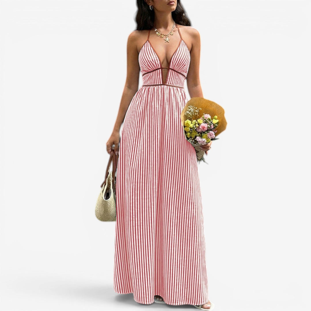 Arlise – A Strisce Verticali con Scollo a V, Abito Maxi