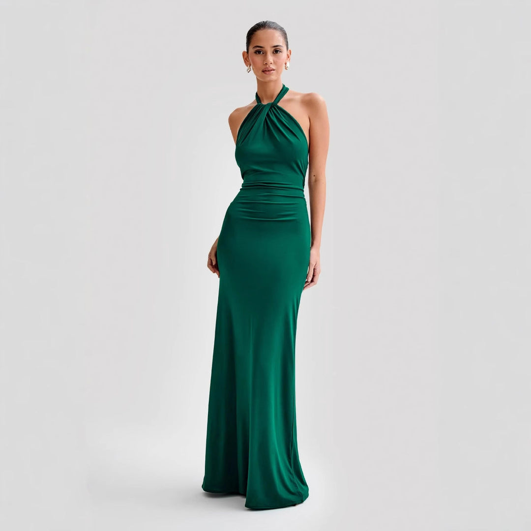 Sivela – Scollo All'Americana in Tessuto Stretch, Abito Maxi