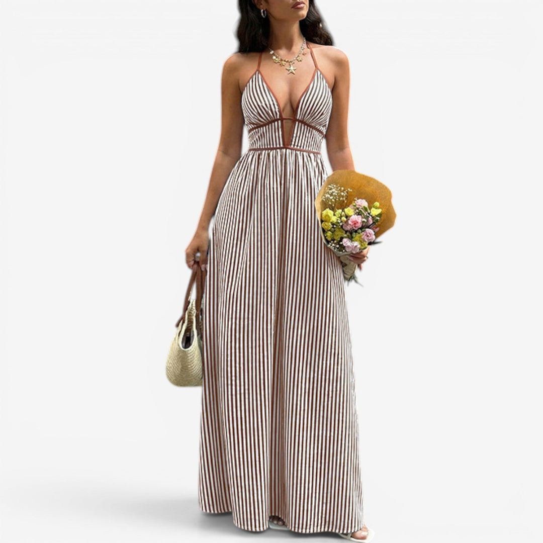 Arlise – A Strisce Verticali con Scollo a V, Abito Maxi