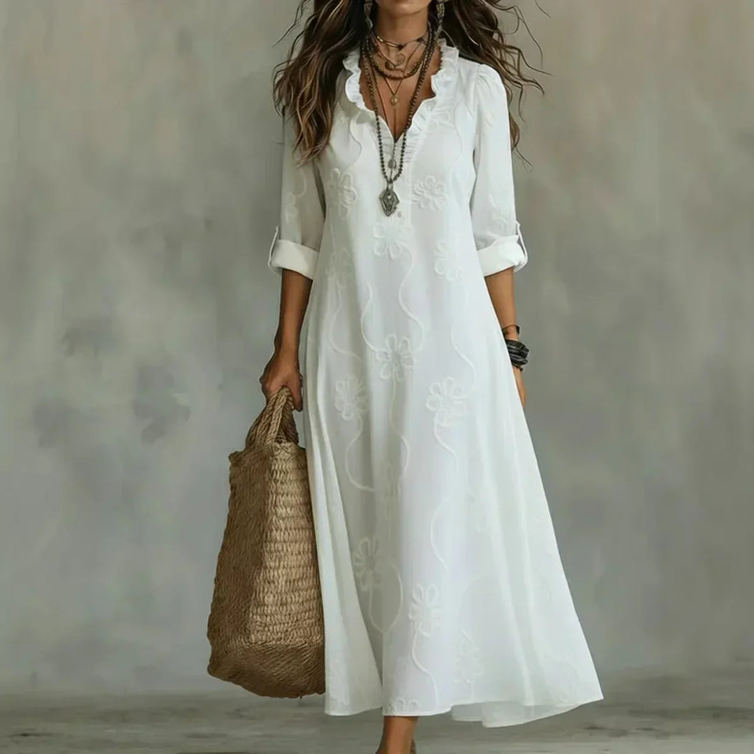 Talira – Stampa Floreale con Maniche Risvoltabili, Abito Maxi